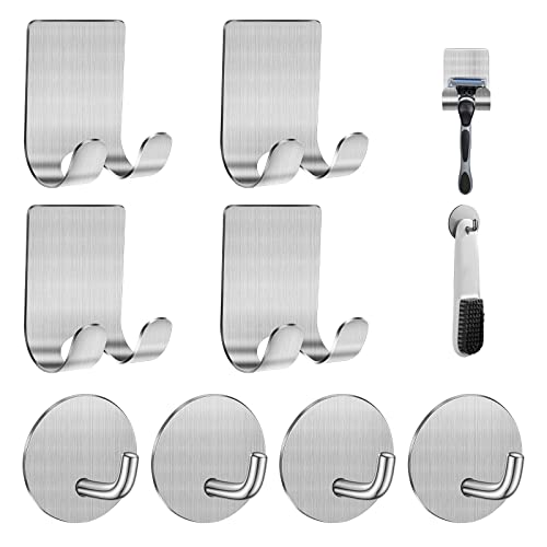 Diesisa Razor Holder for Shower + Adhesive Wall Hooks, Premium 304 Stainless Steel Shower Razor Holder with Heavy Duty Waterproof Sticky Hooks for Hanging Towels, Coat, hat (4+4 Pack) - Black - color: Silver-8pcs