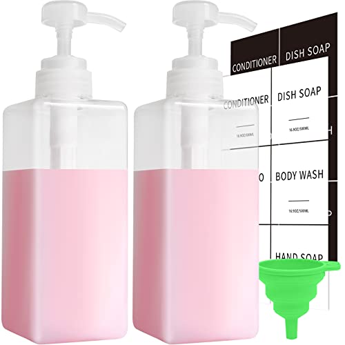 Clear Soap Dispenser with Waterproof Labels, Thickened Plastic Hand Soap Dispenser for Bathroom, Kitchen Dish Washing Liquid Bottles, Shampoo and Conditioner Bottles with Funnel (16oz 2Pack Clear) - color: 2 Clear