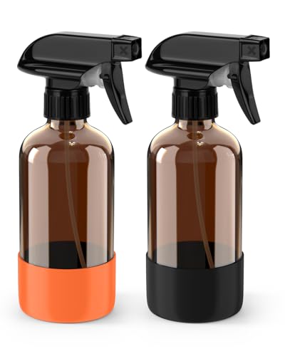 Bontip Glass Spray Bottle with Silicone Sleeve Protection, Amber Glass Spray Bottle Set for Window Cleaner Aromatherapy Facial Hydration Watering Flowers Hair Care 2 Pack/8 oz (Black & Orange) - color: Black & Orange, size: 8 oz