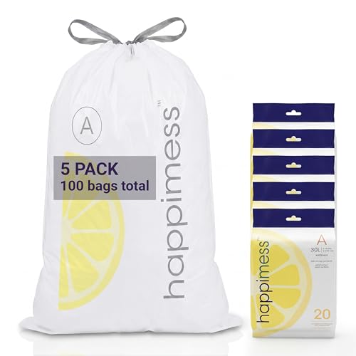 happimess 8 Gallon (30L) Drawstring Trash Bags, Lemon Scent, White, Heavy Duty MDPE Liners for Kitchen and Household, Odor Control, Custom Fit 100 Count (5 Packs of 20 Liners) HPM3100A-W-5SET - color: White (Lemon Scented), size: 100 Count (Pack of 1)