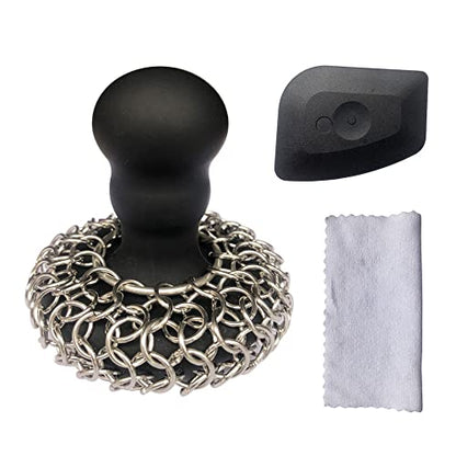 316 Upgraded Chainmail Scrubber with Silicone Handle Cast Iron Cleaner for Cast Iron Grill Pan Skillet Wok Bakeware Ergonomic to Hold Easy to Use Dishwasher Safe, Scrubber + Scraper + Towel (Black) - color: Black