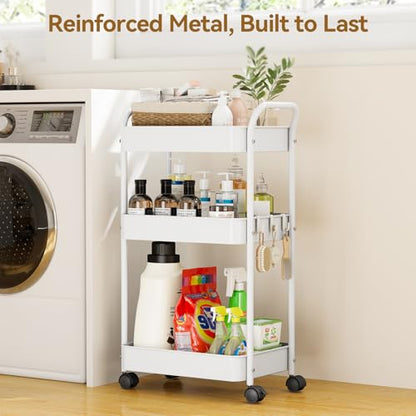 YASONIC 3-Tier Metal Rolling Cart, Sturdy Storage Utility Carts with Wheels, Multifunction Craft Art Organizer for Bedroom, Laundry, Garage, Office, Nursery, Bathroom, Easy Assembly (White) - color: White
