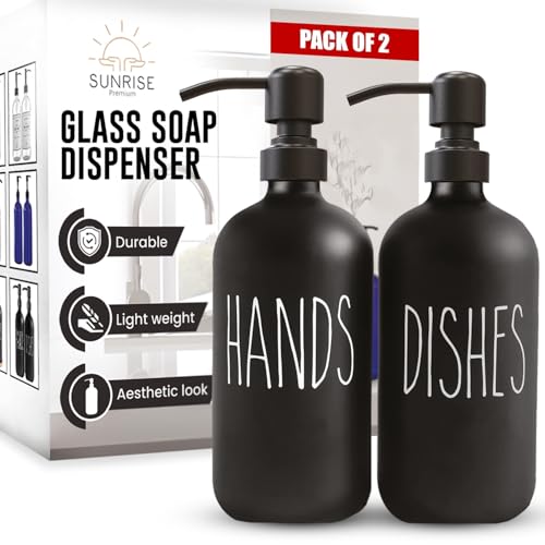 Sunrise Premium 16 OZ Thick Black Glass Soap Dispenser, Matte Black Stainless Steel Pump 2 Pack, Hand and Dish Soap Dispenser Set for Bathroom with 6 Waterproof Labels - color: Matte Black Stainless Steel Pump - Black Glass