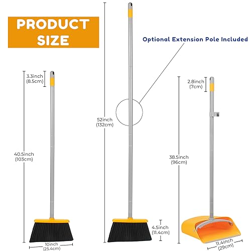 Broom and Dustpan Set with Long Handle 52", Standing Broom and Dust Pan Set for Home Kitchen Room Office Lobby Yellow - color: Yellow