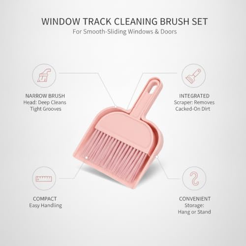 Pink Window Track Cleaning Brush Set for Narrow Grooves, Sliding Doors & Sink Edges