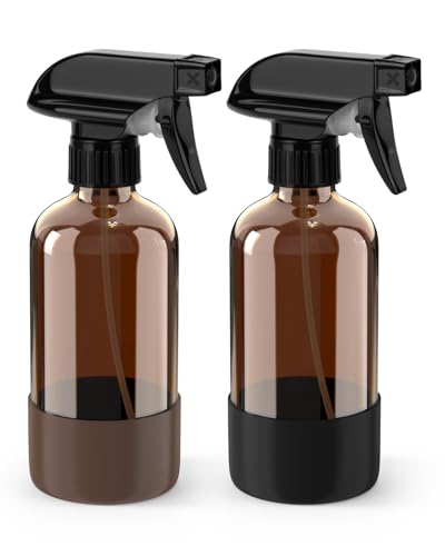 Bontip Glass Spray Bottle with Silicone Sleeve Protection, Amber Glass Spray Bottle Set for Window Cleaner Aromatherapy Facial Hydration Watering Flowers Hair Care 2 Pack/8 oz (Black & Brown) - color: Black & Brown, size: 8 oz