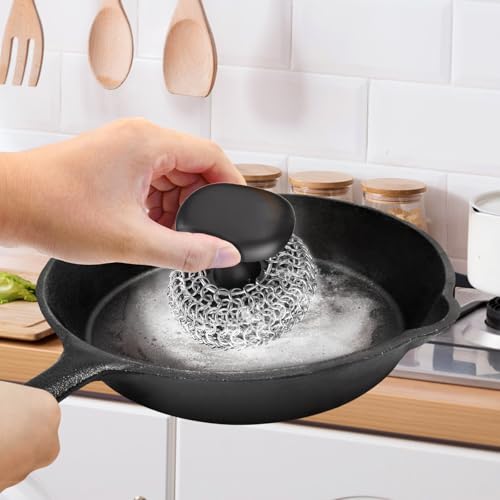 Cast Iron Scrubber | Dish Scrub Brush | 316 Cleaner Chainmail Scrubber for Cast Iron Pan Skillet Cleaner - Dish Scouring Pad Dishwasher Safe Cleaning Kit, Black 02 - color: Black