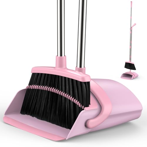 Broom and Dustpan Set for Home, 51-in Long Adjustable Handle Angle Broom and Dustpan Combo Set with Dust Pan Teeth to Clean Hair for Home Kitchen Office Lobby Floor Garden, Pink - color: Pink