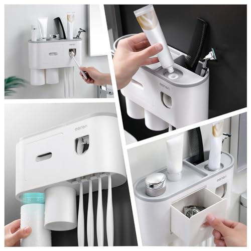 No-Drill Wall Mounted Toothbrush Holder, Bathroom Shelf, with Automatic Toothpaste Dispensers 4 Brush Hooks 2 Magnetic Cups 1 Cosmetic Drawer Organizer and Large Storage (1 Dispenser 2 Cups)