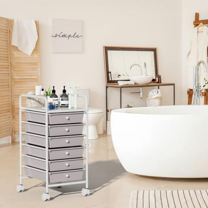 6-Tier Utility Cart with 6 Drawers, Rolling Utility Cart with 2 Lockable Caster Wheels, Multipurpose Mobile Rolling Drawer Cart for Office Bathroom Kitchen, Gray - size: Gray, 6-Tier