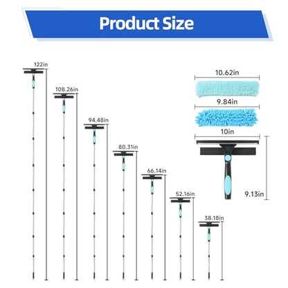 122'' Window Washing Kit with Extension Pole, 2-in-1 Window Cleaning Kit with Scrubber and Rotating Head, Window Cleaner Tool for Shower Rooms, Glass, Floors, Tiles, Walls, Car Windshields - size: 122''