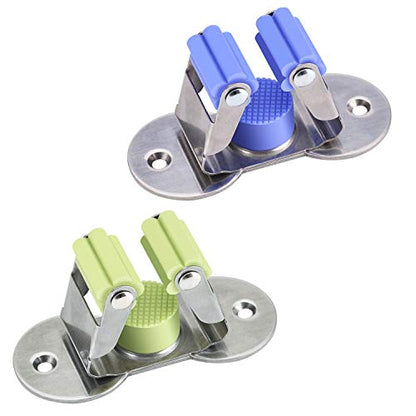 Stainless Steel Mop and Broom Holder, Dual-Purpose Wall Mounted Mop Broom Organizer with 2 Pcs 3M Self Adhesive and Double Screws,Bathroom Kitchen Organizer Rack with Spring Clip Design