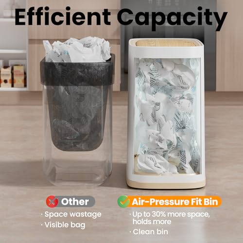 Bathroom Trash Can, 2.1 Gallon Small Slim Garbage Can with Lid and Wheels, Air-Press Bag Expander & Inner Bucket, White Plastic Waste Basket Dog Proof for Kitchen, Office, Bedroom, Garbage Trash Bin - color: White and Wood Grain, size: 8L/2.1Gal