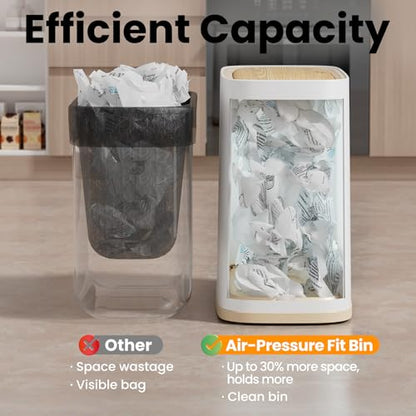 Bathroom Trash Can, 2.1 Gallon Small Slim Garbage Can with Lid and Wheels, Air-Press Bag Expander & Inner Bucket, White Plastic Waste Basket Dog Proof for Kitchen, Office, Bedroom, Garbage Trash Bin - color: White and Wood Grain, size: 8L/2.1Gal
