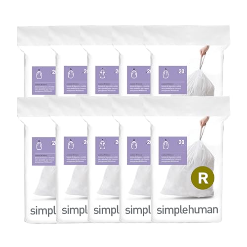 simplehuman Code R 200 Count Custom Fit Liners, Drawstring Kitchen Trash Bags, One-by-One Mess-Free Dispense, Extra Thick & Double Seamed, 50% PCR Plastic, 9-10 Liter / 2.6 Gallon, White - size: 200 Count (Pack of 1)
