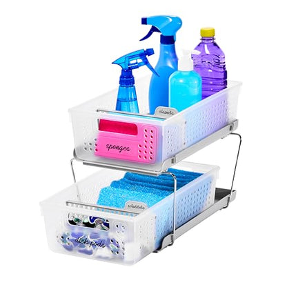 madesmart 2 Tier Bath Organizer,Undersink Storage with Sliding Drawers,for Cleaning Supplies, Pantry, Sponges,Bottles&Kitchen Essentials,Adjustable Dividers&Pull Out Sliding Baskets,Frost, (Pack of 2) - size: 2-Pack