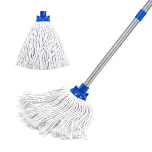 Indoor Mop for Floor Cleaning, Lightweight Cotton Mop with 2 Washable Heads