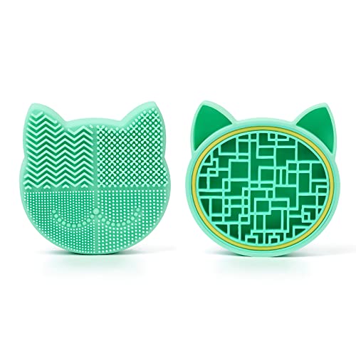 New Grass Green Silicon Makeup Brush Cleaner Mat with Portable Cat Shaped Cosmetic Brush Cleaning Pad Holder and Drying Holder - color: New Grass Green