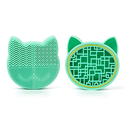 New Grass Green Silicon Makeup Brush Cleaner Mat with Portable Cat Shaped Cosmetic Brush Cleaning Pad Holder and Drying Holder - color: New Grass Green