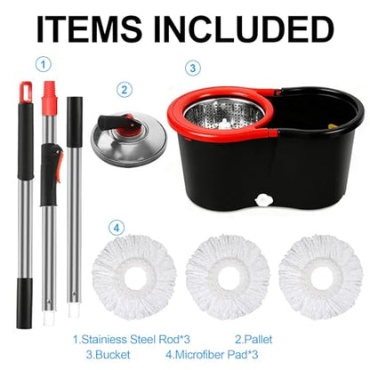 Spin Mop and Bucket with Wringer Set, 360°Rotating Head Mop Bucket System, 3 Replacement Mop Heads for Floor Cleaning (Black & Red) (Three mop Heads)
