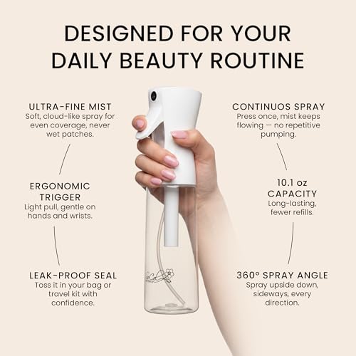 Continuous Spray Bottle for Hair – Slim Design - Fine Mist Water Sprayer for Hairstyling, Curly Hair – Refillable Mister Bottle with 360 Spray – Travel Size Hair Water Bottle
