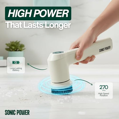 SonicPower Electric Spin Scrubber – Handheld & Ergonomic, IPX7 Waterproof, 4 Multi-Purpose Brush Heads, Long-Lasting Rechargeable Battery – Cleans Dishes, Bathroom, Tile, Grout & Kitchen (Beige) - color: Beige