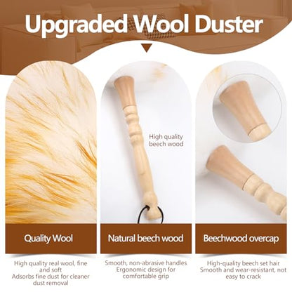 Lambswool Duster for Cleaning with Solid Wooden Handle Leather Hang Strap 19.6 inch Natural Feather Duster for Cleaning Ceiling Fans Window Blinds Computer Furniture(2 Pack) - size: 19.6Inch