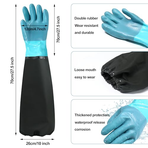 27" Full Arm Pond Gloves, Long Heavy Duty Gloves with Cotton Lining, Waterproof Rubber Chemical Resistant Glove - color: Blue