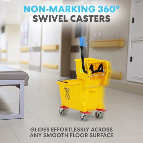 Simpli-Magic Side Press Wringer Combo Commercial Mop Bucket on Wheels, 35 Quart,Yellow, Including Wet Floor Caution Sign and Set, Polyethylene - color: Yellow Bucket, size: 35Q Capacity