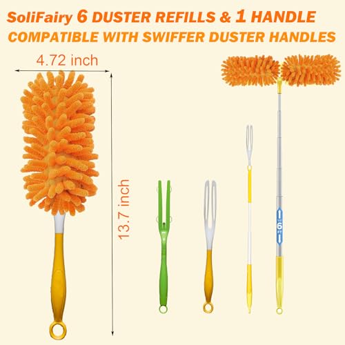 Reusable Duster for Swiffer, 6 Refills + 1 Handle, Orange | 360 Heavy Duty Duster Refill, Compatible with Swiffer Hand Dusters, For Dusting Furniture, Blinds, Ceiling Fans, Walls - size: 6 dusters + 1 Handle Orange