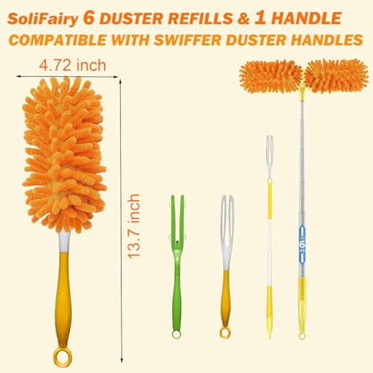 Reusable Duster for Swiffer, 6 Refills + 1 Handle, Orange | 360 Heavy Duty Duster Refill, Compatible with Swiffer Hand Dusters, For Dusting Furniture, Blinds, Ceiling Fans, Walls - size: 6 dusters + 1 Handle Orange