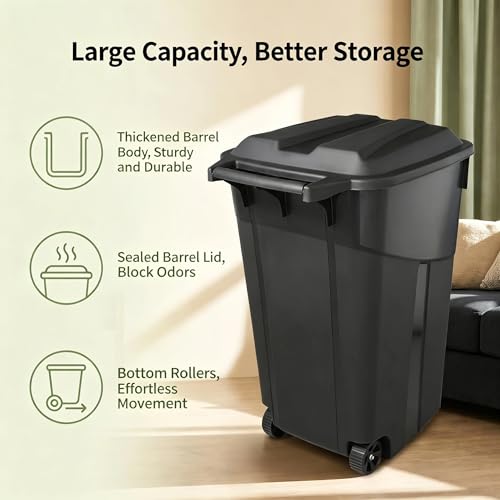 45 Gallon Wheeled Black Plastic Garbage Bin with Lid for Outdoor Use | Built-in rolling wheels enable easy moving around your patio, deck and garage with little effort