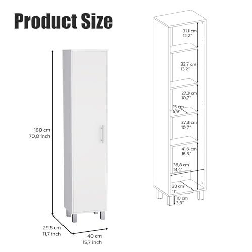 Tall Storage Cabinet with Single Door and 3 Broom Hangers Modern Floor Standing Cabinet for Kitchen Bathroom Laundry Room 70.87" Height White