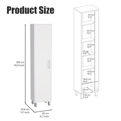 Tall Storage Cabinet with Single Door and 3 Broom Hangers Modern Floor Standing Cabinet for Kitchen Bathroom Laundry Room 70.87" Height White