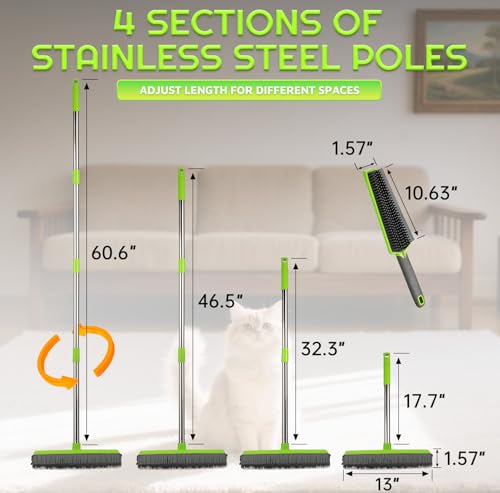 Rubber Broom for Pet Hair —Gets What Your Vacuum Misses,Non-Scratch Carpet Rake 24 "-61 "Adjustable Handle,4-in-1 (Squeegee+Pet Brush+2 Microfiber Cloth),Stairs,Corners, Rugs,Hardwood Green