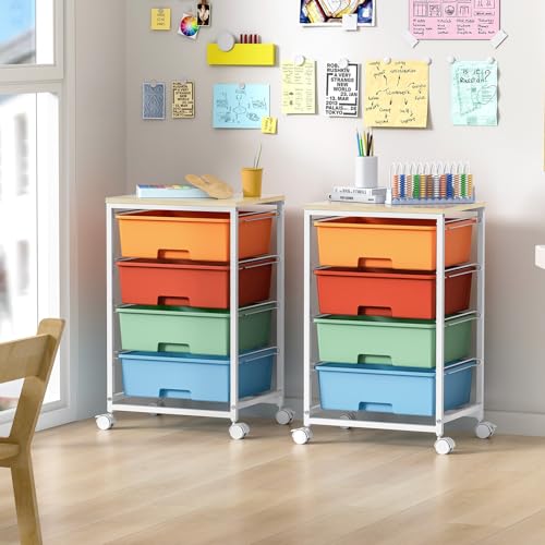 Utility-Rolling-Storage-Drawer-Craft-Cart-Organizer with 4 Drawers and Wooden Tabletop & Lockable Wheels for Home Office, Bedroom, Kids Room, Classroom, 4 Tiers Under Desk Drawer Cart, Macaron - color: Macaron