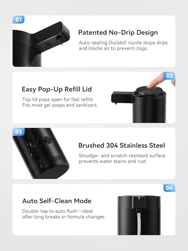 SUNLY Touchless Automatic Soap Dispenser – Clog-Free Pump, 0.2s Fast Sensor, USB-C Rechargeable, Smudge-Resistant Stainless Steel, for Kitchen & Bathroom Soap Dispenser, Black - color: Black