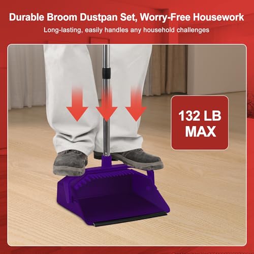 Tiumso Broom with Dustpan Combo Set, Broom and Dustpan Set with 51'' Long Handle, Dust Pan and Brooms, ZeroGap Lip, Self-Cleaning Dustpans Teeth for Lobby Kitchen Restaurant - Purple - color: Purple