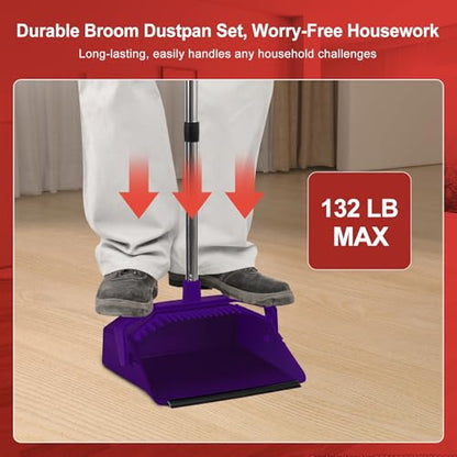 Tiumso Broom with Dustpan Combo Set, Broom and Dustpan Set with 51'' Long Handle, Dust Pan and Brooms, ZeroGap Lip, Self-Cleaning Dustpans Teeth for Lobby Kitchen Restaurant - Purple - color: Purple