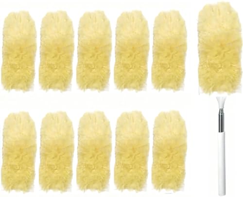 Heavy Duty Duster Refills, Disposable Dusters Kit for Cleaning Dusting Furniture Blind Ceiling Fan, Multi Surface 360 Feather Duster(10)+3FT Extended Handle（1） (Yellow) - color: Yellow