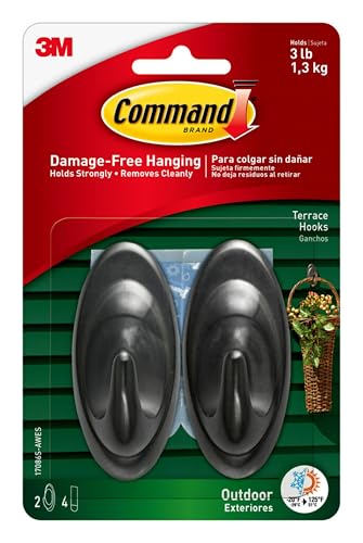 Command Outdoor Medium Slate Terrace Hooks with Foam Strips, Great for 4th of July Decorating Damage Free, 2 Hooks, 4 Strips - size: Medium, style: Outdoor Hooks