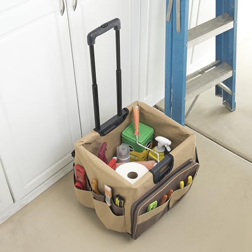 Mobile Folding Utility Cart with Canvas Storage Organizer Bag, Rolling Cart, Chocolate/Sand - color: Chocolate/Sand