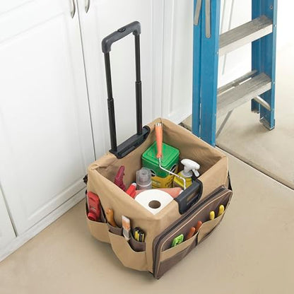 Mobile Folding Utility Cart with Canvas Storage Organizer Bag, Rolling Cart, Chocolate/Sand - color: Chocolate/Sand