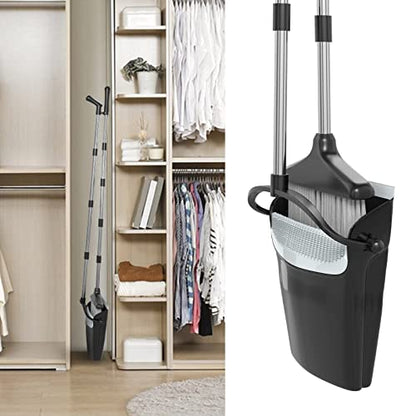 Broom with Dustpan Combo Set 54” Long Handle Household Dust Pan for Home Office Kitchen Cleaning （Black & Grey） - color: Black and Grey