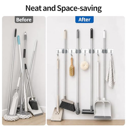 4 Racks and 5 Hooks Mop and Broom Holder Wall Mount, 304 Stainless Steel Broom Hanger Organizer for Home Kitchen Garden Laundry Garage - size: 4 Racks 5 Hooks