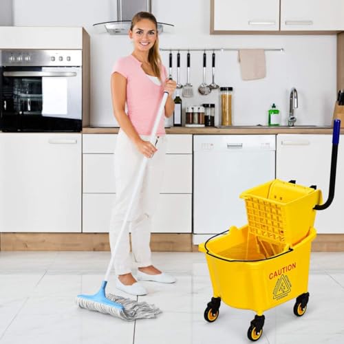 Mop Bucket, Commercial Bucket for Mopping on Wheels with Potable Handle, Mop Bucket with Wringer for Home, Household, Office, Bathroom, Yellow (25 Quarts) - size: 25 Quarts