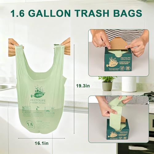 HECTOLIFE 1.6 Gallon 300 Count,Compostable Bags Handle Tie,Tear Resistant Kitchen Food Scrap Waste Bag, ASTM D6400, US BPI and Europe OK Compost Home Certified - style: 1.6gallon (300count)