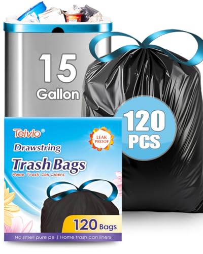 15 Gallon 120 Counts Strong Drawstring Trash Bags Garbage Bags by Teivio, Bathroom Trash Can Bin Liners, Plastic Bags for home office kitchen, Black - style: 120-15Gallon-Black