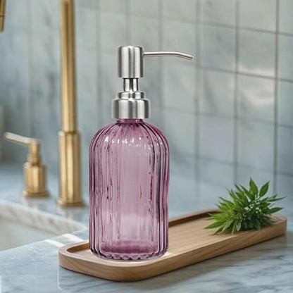 14Oz Purple Soap Dispenser Bathroom, Clear Glass Hand Soap Dispensers with Stainless Steel Pump, Refillable Dish Soap Dispenser for Kitchen, Countertop Soap Dispensers - color: Purple