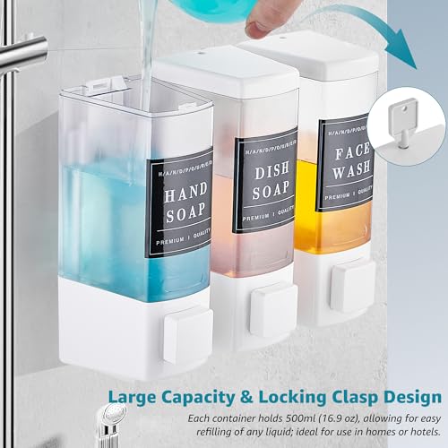 Shampoo and Conditioner Dispenser for Shower,3 Chamber,White | Wall Mounted, No Drill, 3×16.9oz,ABS Plastic Material,Refillable With Labels, For Bathroom Hotel - color: White